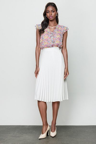 Modabenna Women's Ecru Quality Crepe Pleated Midi Skirt with Lyre Elastic Waist Pleated Pleated 65 cm Knee Length White