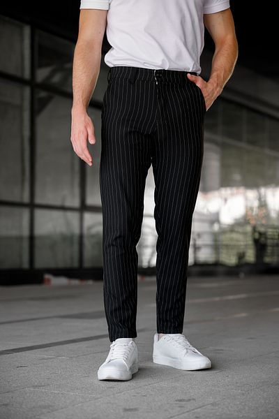 Ser Joven Men's Black Slim Fit Striped Fabric Trousers