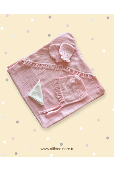 Cassiope Allin'co -Cassiope %100 organik pamuklu Müslin Yenidoğan Kız Bebek Hastane Çıkış Seti Pembe
