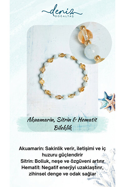 Deniz Doğal Taş Sertifikalı Doğal Akuamarin, Sitrin & Hematit Bileklik – Ener...
