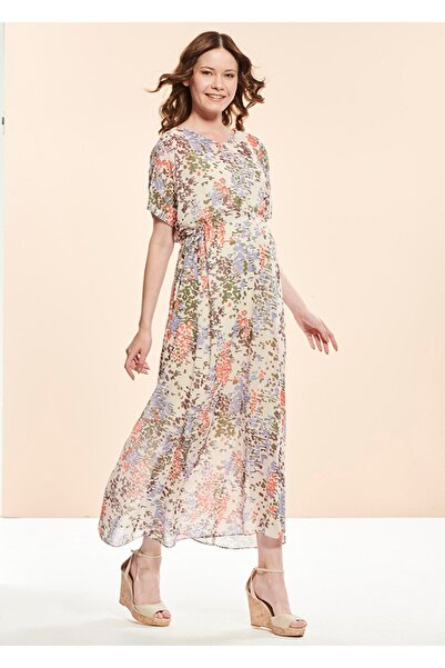 Even Fashion Hamile Giyim فستان حمل طويل من الشيفون منقوش للنساء مع أرجواني