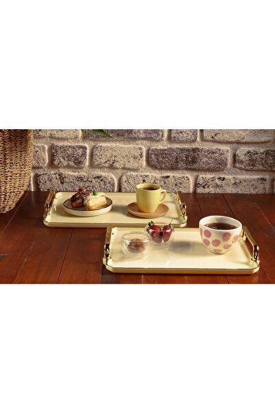 ALM HOME 2’li Krem Tepsi Sunum Dekoratif Ev Sofra Mutfak Çay Kahve Tepsi