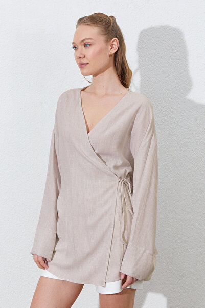 TENA Kadın Naturel Kruvaze Yaka İp Bağlamalı Ceket