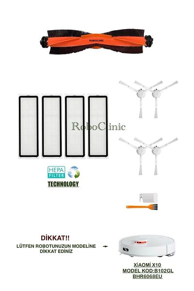 Roboclinic Xiaomi X10 Robot Vacuum Cleaner (Model Code: B102Gl) Compatible Brush, Filter, Mop Set - 11 Pieces