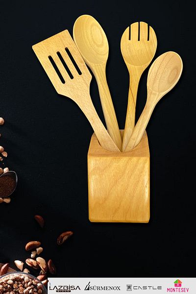 MONTESEV Wooden Stand Spoon Set - Naturale Oiled (5 Pieces)