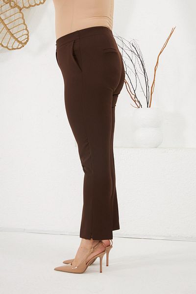 RMG Large Size Brown Fabric Trousers with Elastic Waist and Slit Detail