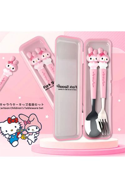 Miniso My Melody Sanrio Children Tableware Hello Kitty Melody Kuromi Silicone Handle Tableware Two-piece Se