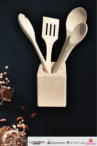 MONTESEV Wooden Wooden Spoon Set with Stand - 5 Pieces Natural Wood Serving Presentation Spoon Holder