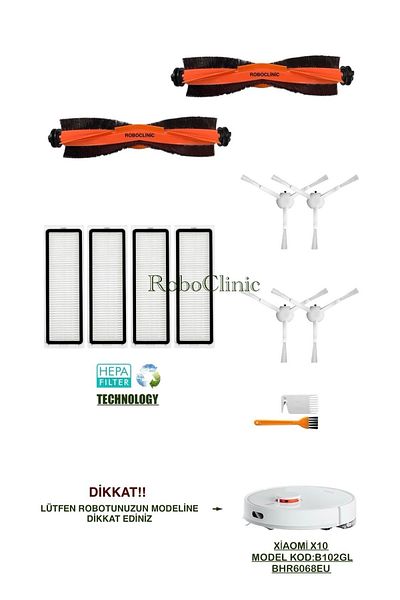 Roboclinic Xiaomi X10 Robot Vacuum Cleaner (Model Code: B102Gl) Compatible Brush, Filter, Mop Set - 12 Pieces
