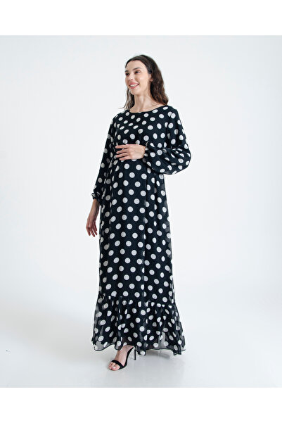 Desen Hamile Giyim Siyah Beyaz Puantiyeli Uzun Hamile Elbise