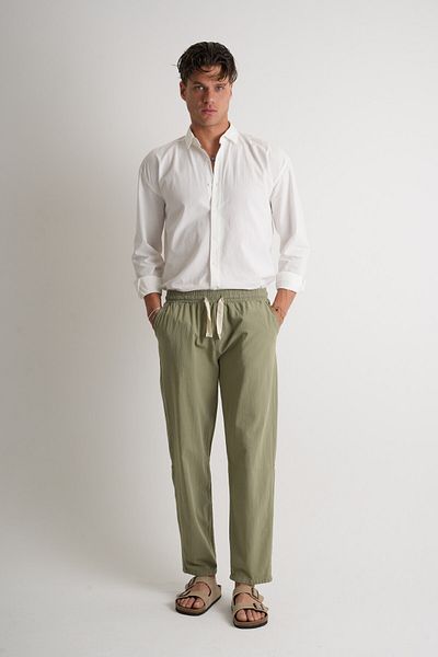 Shooter Sportswear Alaçatı Premium Men's Linen Trousers Khaki Comfortable Fit with Stitching Detail