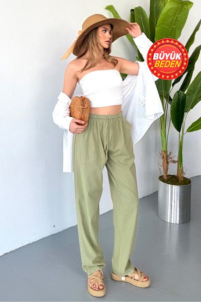 Dechers Women's Large Size High Waist Linen Look 100% Cotton Trousers W206