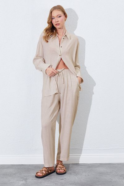 TENA Women's Natural Elastic Waist Carrot Cut Linen Trousers
