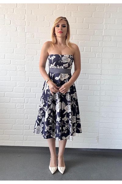 By Sümeyra Gültekin Navy Blue Floral Patterned Strapless Long Dress
