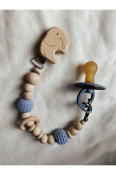 GOER STORE Elephant Detailed Blue Braided Natural Wooden Baby Pacifier Hanger Chain