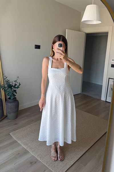 Sue Store Square Collar White Lined Thick Strap Scallop Dress