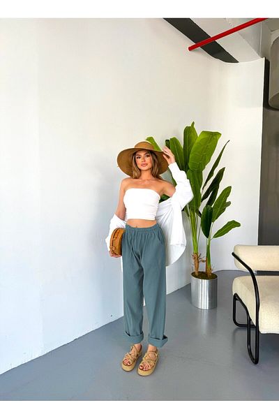 Dechers Pantaloni de damă, mărime mare, cu talie înaltă, cu aspect de in, 100% bumbac W206