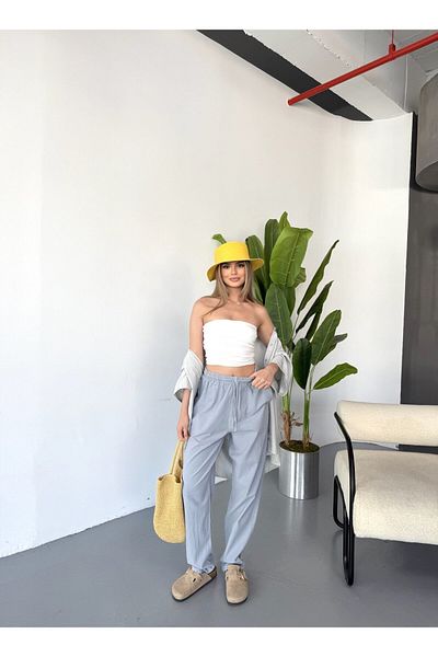 Dechers Women's Large Size High Waist Linen Look 100% Cotton Trousers W206