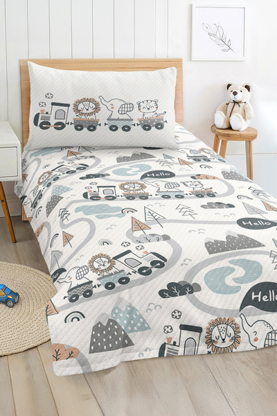 Realhomes مجموعة غطاء سرير منقوشة على شكل قطار للأطفال والمراهقين على شكل حيوانات