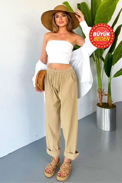 Dechers Women's Large Size High Waist Linen Look 100% Cotton Trousers W206