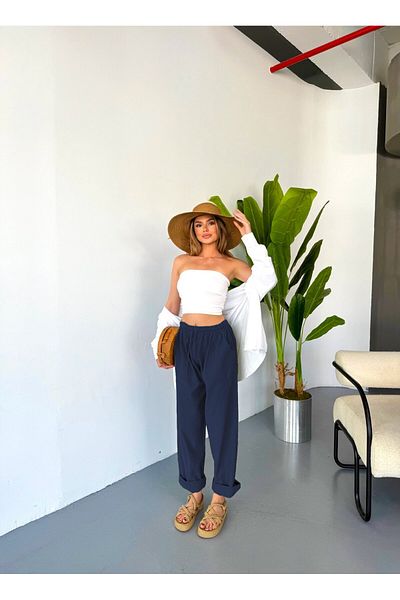 Dechers Women's Large Size High Waist Linen Look 100% Cotton Trousers W206