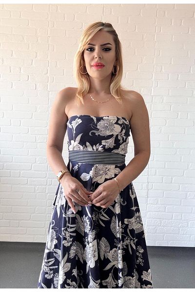 By Sümeyra Gültekin Navy Blue Floral Patterned Strapless Long Dress