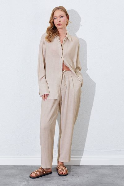 TENA Women's Natural Elastic Waist Carrot Cut Linen Trousers