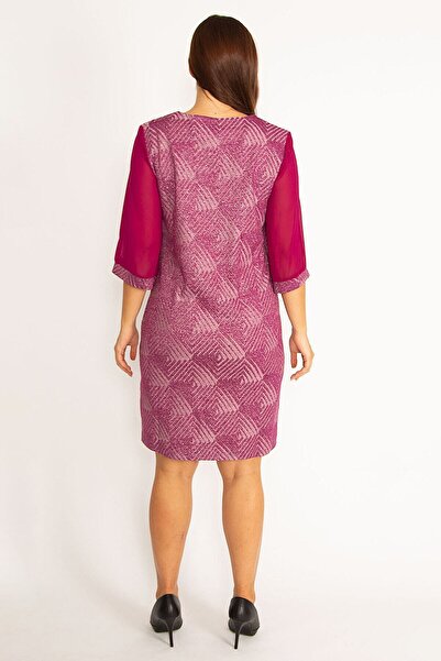 Şans Women's Large Size Plum Detailed Sleeves Chiffon Dress 65n34610