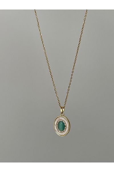 JELLY Women's Steel Gold Color Zircon Stone Emerald Shiny Oval Vintage Necklace