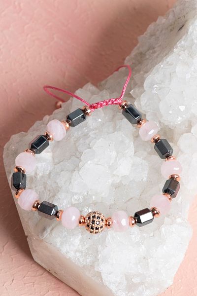 OSMANLI DOĞAL TAŞ Certified Pink Quartz & Hematite Balance Bracelet