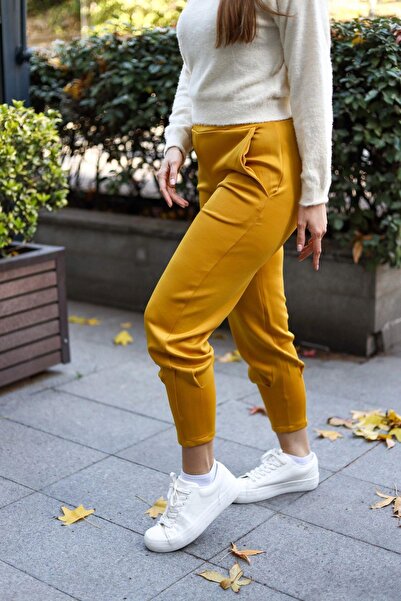 NEW LAVİVA Kadın Hardal Scuba Kumaş, Rahat Kalıp, Pliseli Dar Paça Eşofman Altı