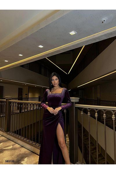Modafeminen Square Neck Stone Long Sleeve Velvet Evening Dress Purple 583120