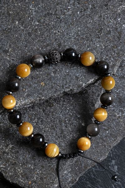 OSMANLI DOĞAL TAŞ Certified Tiger Eye and Obsidian Natural Stone Bracelet