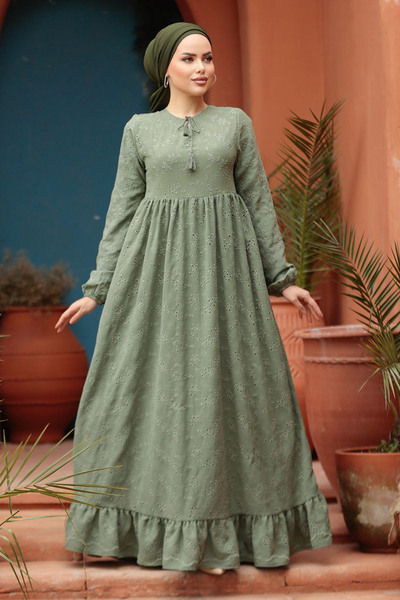 Neva Style Green Laced Hijab Dress - 23201CY