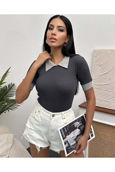 Chicup Γυναικεία πλεκτή μπλούζα Polo Neck Ribbed - Anthracite