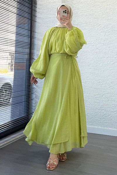 MELEK ARAZ Vuala Tie Blouse Skirt Set-Green