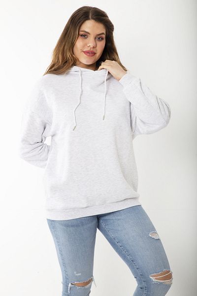 Şans Women's Large Size Gray Ribbed Three Thread Hooded Back Printed Sweatshirt 65N37204