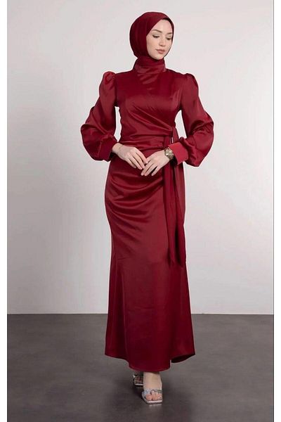 Suedcollection Βραδινό Σατέν Φόρεμα με Πλαϊνή Πέτα Κόκκινο 583236