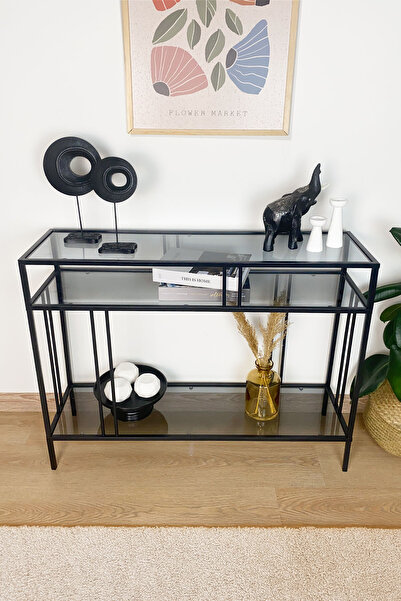 DEKOPRATİK Venedik Füme Camlı Dresuar Kahve Köşesi Dekoratif Raflı Konsol 100cm