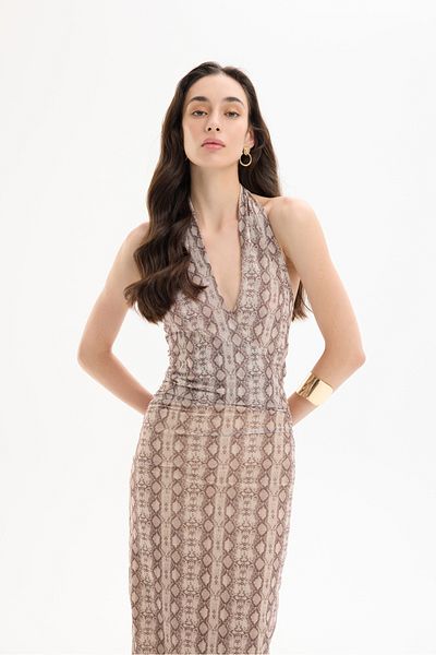 Quzu Beige Colored Halter Neck Gathered Tulle Dress