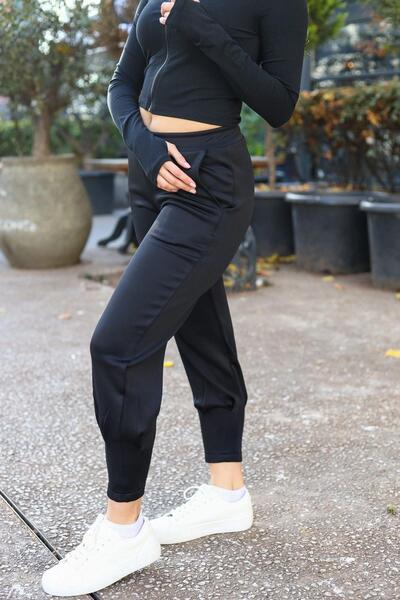 NEW LAVİVA Kadın Siyah Scuba Kumaş, Rahat Kalıp, Pliseli Dar Paça Eşofman Altı