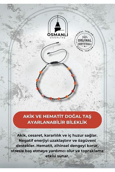 OSMANLI DOĞAL TAŞ Certified Agate and Hematite Natural Stone Adjustable Bracelet