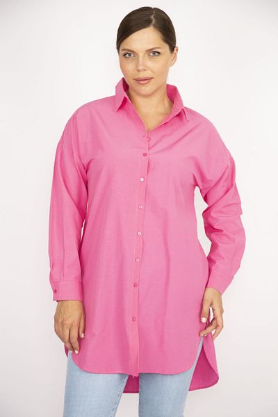 Şans Women's Large Size Pink Poplin Fabric Front Buttoned Side Slit Tunic 65N36795
