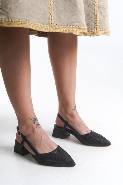 leopar by çetinay Black Special Straw Material Pointed Toe Open Back Heels Daily Stiletto/Shoes
