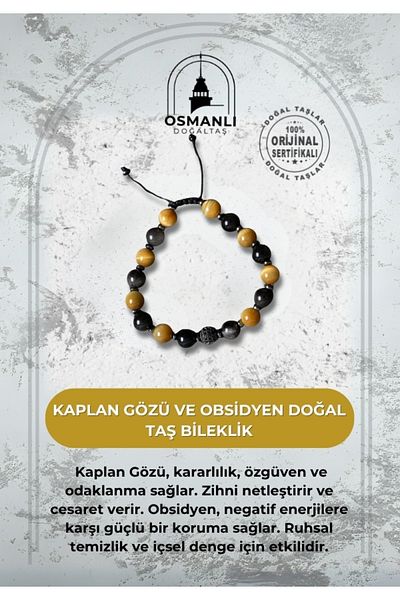 OSMANLI DOĞAL TAŞ Certified Tiger Eye and Obsidian Natural Stone Bracelet
