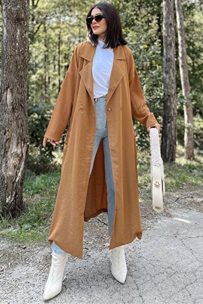 NEW LAVİVA Kadın Taba Kruvaze Yaka, Kemerli, Cepli, Salaş Kesim Uzun Trençkot