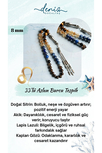 Deniz Doğal Taş Sertifikalı Doğal Sitrin, Akik, Lapis ve Kaplan Gözü Taşı 8 mm Aslan Burcu Tesbih
