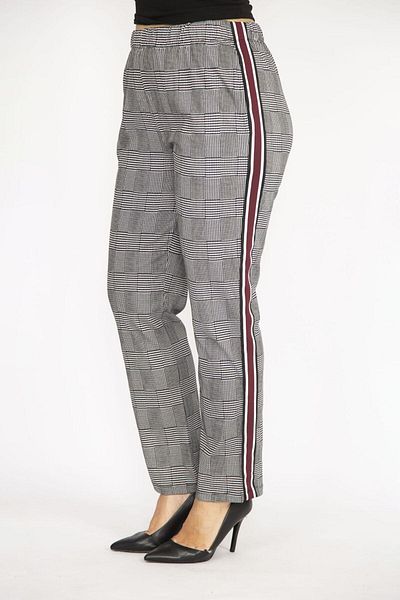 Şans Women's Gray Large Size Plaid Patterned Trousers with Elastic Waist and Side Stripe Detail 65n36510
