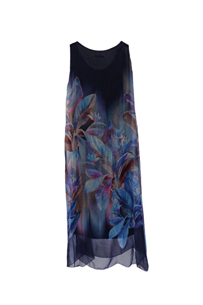 Metta's Shop Lacivert İtalyan İpek Çiçek Desenli Elbise