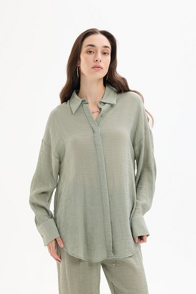 Quzu Buttoned Oversize Textured Shirt Khaki